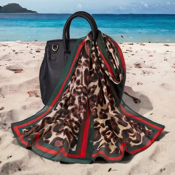 Luxe Chiffon Neck Scarf Green Red Animal Print Garment Boho Y2K Chic Wrap New - Picture 2 of 3